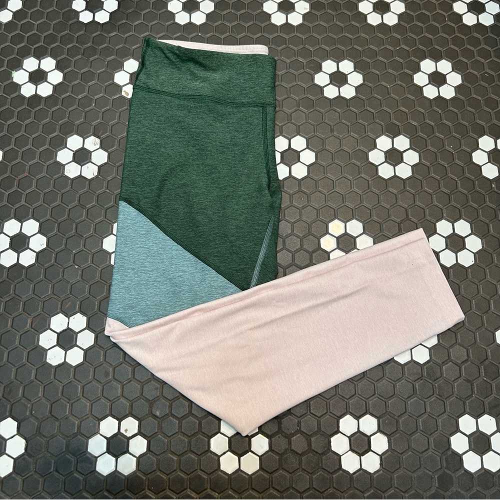 OUTDOOR VOICES Leggings Ankle 7/8 Length Size L Dipped Colorblock Green pink